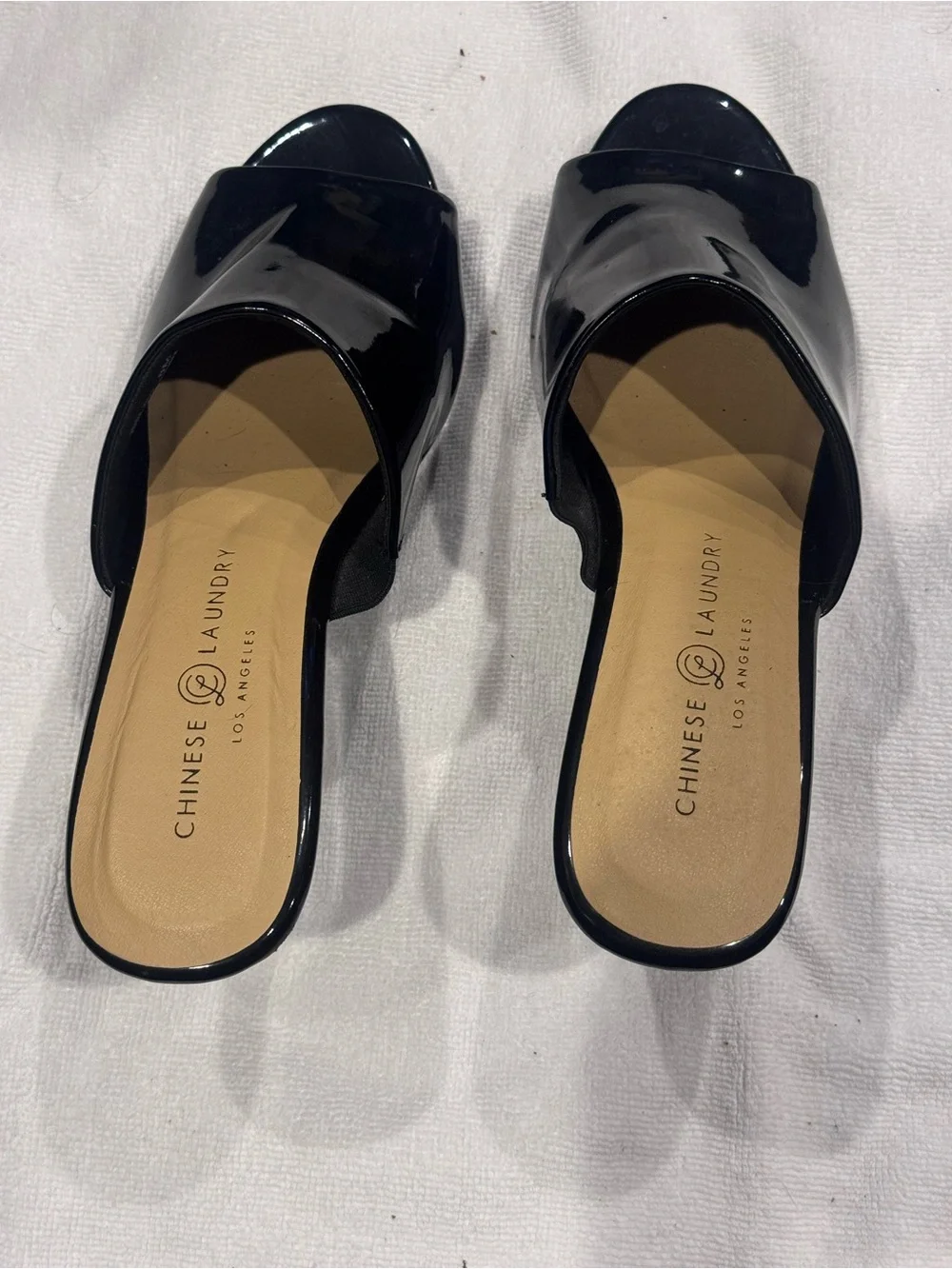 Chinese Laundry Black Patent Open-Toe Slide Mules